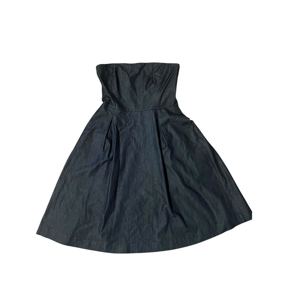 White House Black Market Strapless Fit Flare Mini Chambray Dress Pockets US 8